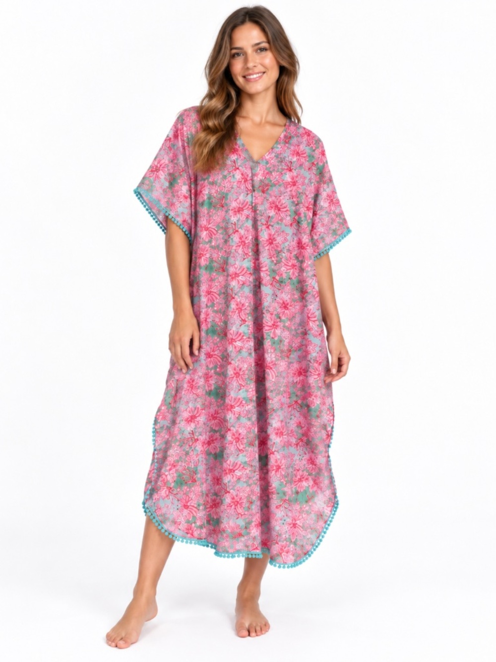 NWT Classic Whimsy Pink Green Floral Kaftan Cover Up S/M Teal Pom Trim